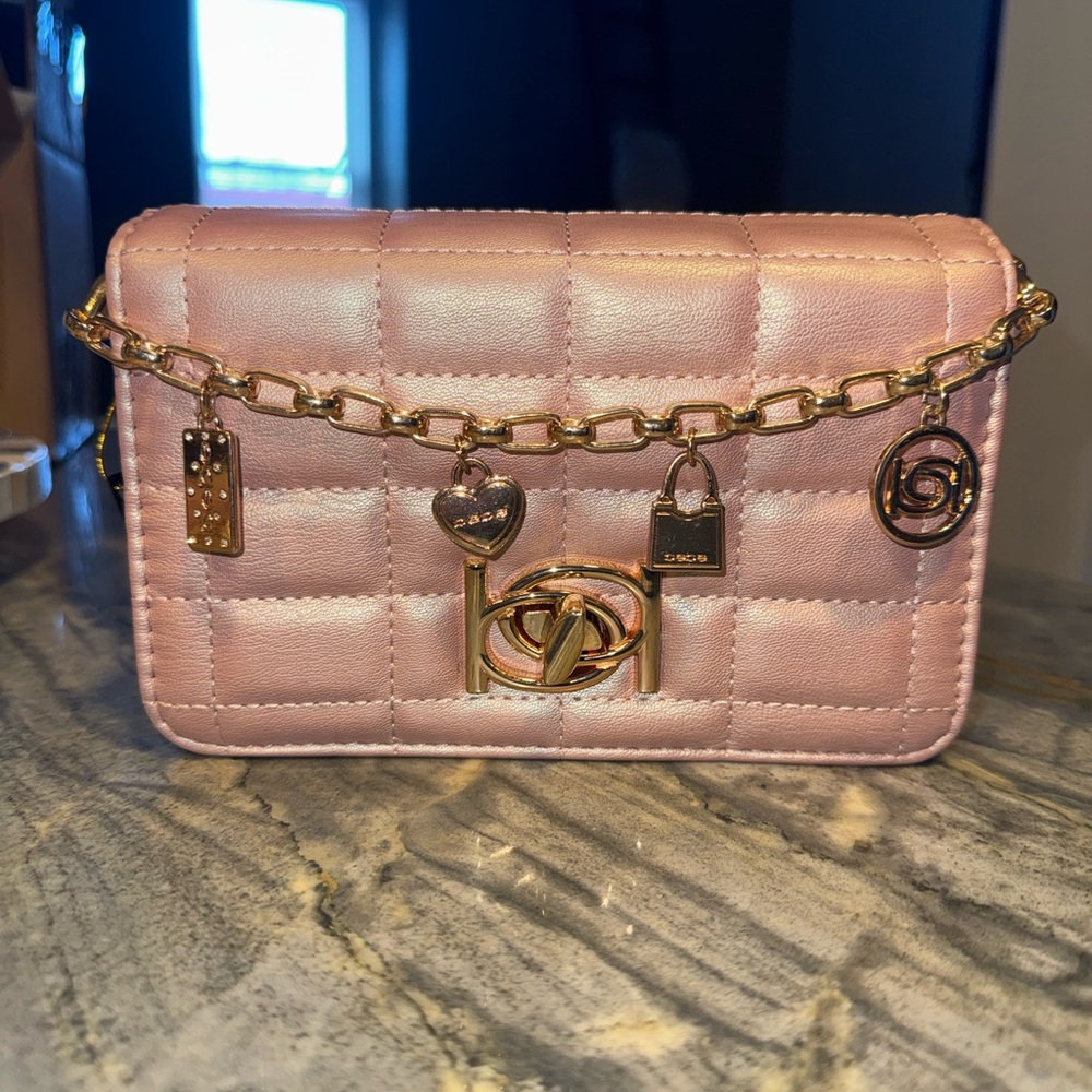 BEBE Pink and Gold Quilted Chain-Accent Crossbody Bag